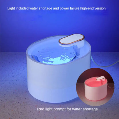 white Elegant Automatic Pet Water Fountain with Smart Sensor in a dark setting, showing sensor light lit up. 