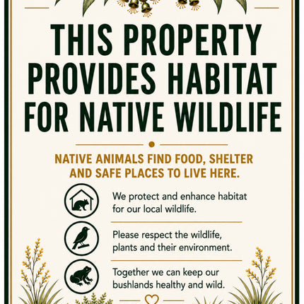 A rectangular printed sign with rounded corners and a cream background, featuring illustrated leaves, berries, a log, and text that reads: 'THIS PROPERTY PROVIDES HABITAT FOR NATIVE WILDLIFE' and additional conservation messaging. Small website and copyright text appear at the bottom.