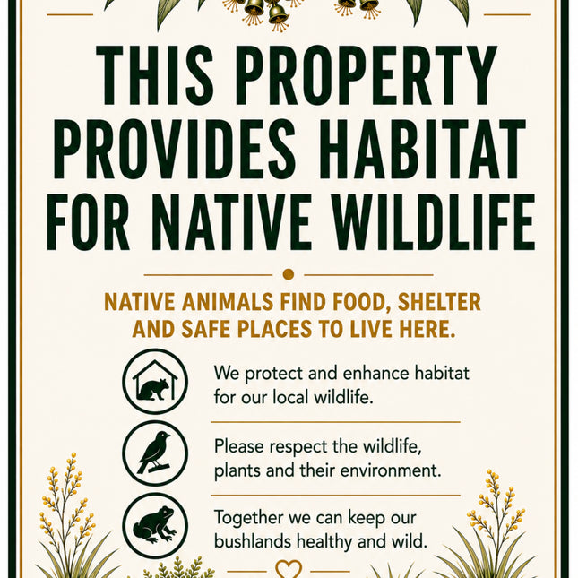 A rectangular printed sign with rounded corners and a cream background, featuring illustrated leaves, berries, a log, and text that reads: 'THIS PROPERTY PROVIDES HABITAT FOR NATIVE WILDLIFE' and additional conservation messaging. Small website and copyright text appear at the bottom.