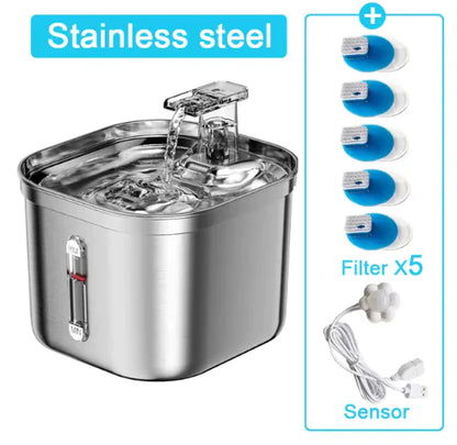 2.2L Stainless Steel Ultra-Quiet Pet Water Fountain on white background, inset shows 5 filter cartridges and sensor attachment. 