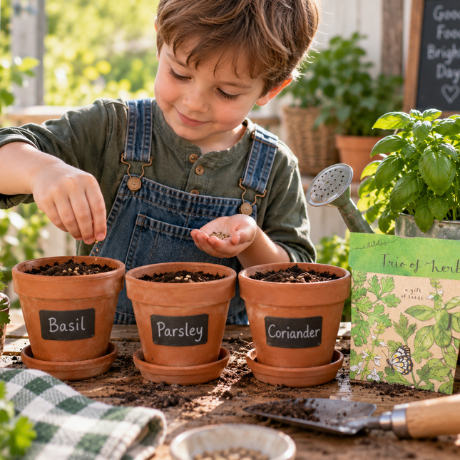 A young boy in denim overalls plants seeds in three labeled terracotta pots labeled Basil, Parsley, and Coriander, with a seed packet and gardening tools nearby.