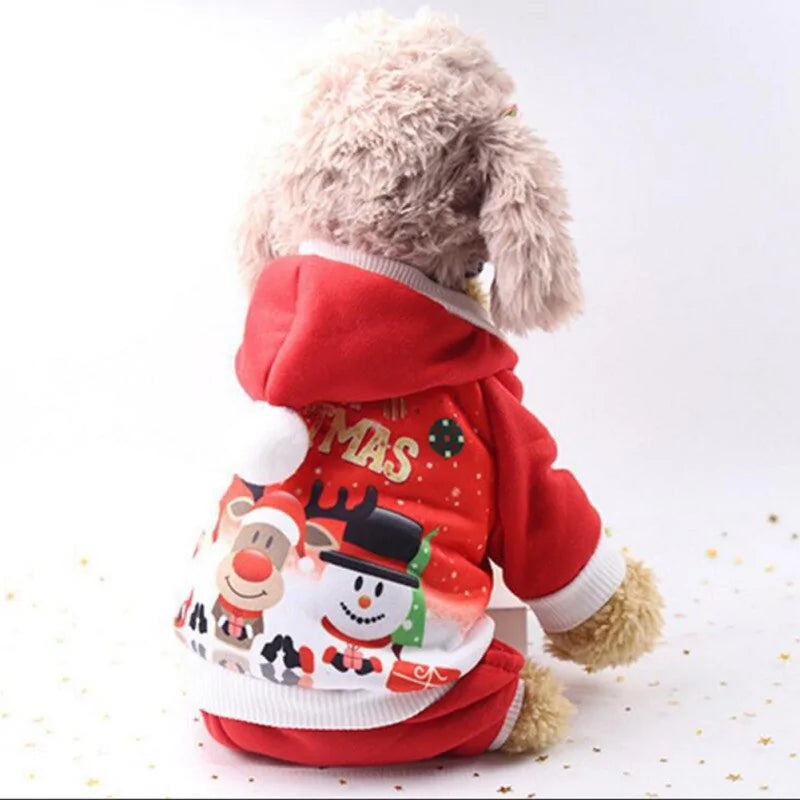 back view of the Christmas hoodie, showing a snowman and reindeer on the red hoodie, a white pom pom is on top of the red hood section
