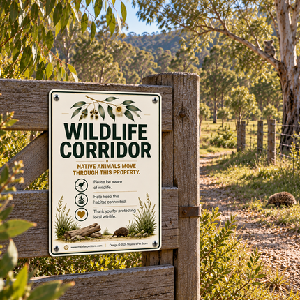 A rectangular wildlife corridor sign mounted on a wooden fence post outdoors, with trees, grass, and a dirt path visible in the background. The sign reads “WILDLIFE CORRIDOR” with smaller text about native animals moving through the property and conservation messaging.