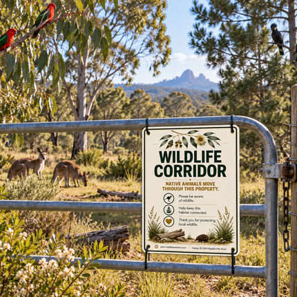 A rectangular wildlife corridor sign attached to a metal gate in a natural outdoor setting with trees, birds, and kangaroos visible in the background.