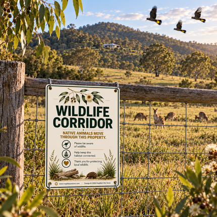 A rectangular wildlife corridor sign mounted on a wire fence at a rustic wooden post, with a pastoral farm scene in the background including grazing cattle, trees, hills, and birds in the sky.