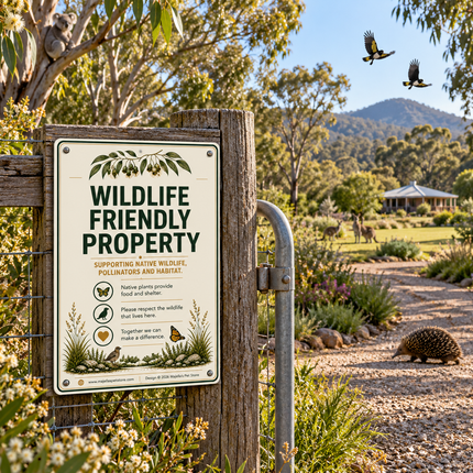 A rectangular 'WILDLIFE FRIENDLY PROPERTY' sign hanging on a wood and wire fence in a lush garden. The sign is cream-colored with black text and green illustrations of butterflies and bees. There is an echidna walking on the ground, a koala in the tree, kangaroos in the background and magpies flying in the sky. 