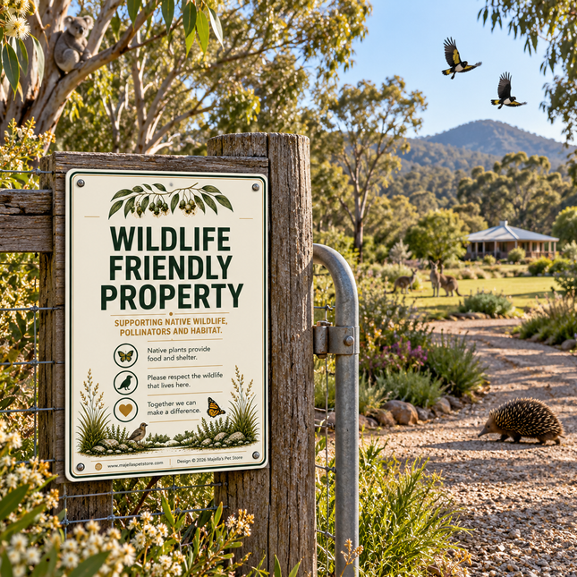 A rectangular 'WILDLIFE FRIENDLY PROPERTY' sign hanging on a wood and wire fence in a lush garden. The sign is cream-colored with black text and green illustrations of butterflies and bees. There is an echidna walking on the ground, a koala in the tree, kangaroos in the background and magpies flying in the sky. 
