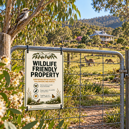 A metal gate in a rural outdoor setting has a hanging sign that reads “WILDLIFE FRIENDLY PROPERTY” with icons for pest control, no hunting, and coexistence. A real environment with trees, hills, and grazing animals is visible in the background.