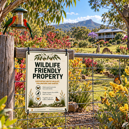 A rectangular 'WILDLIFE FRIENDLY PROPERTY' sign hanging on a wire fence in a lush garden. The sign is cream-colored with black text and green illustrations of butterflies and bees.