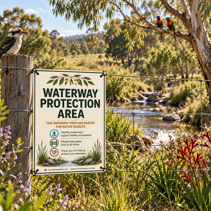A rectangular 'Waterway Protection Area' sign with green text and illustrations is attached to a wire fence in a lush outdoor setting with a stream, trees, and birds perched on the fence and tree branches.