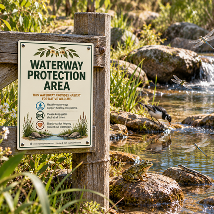 A wooden sign reading 'WATERWAY PROTECTION AREA' mounted on a post beside a small stream with rocks, a green frog, and dragonflies in a natural outdoor setting.