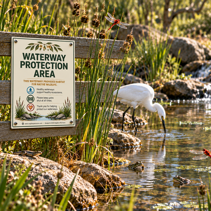 A white egret stands at the water's edge in a natural wetland setting, drinking from a pond beside a wooden sign that reads 'Waterway Protection Area.' Tall reeds, rocks, dragonflies, and shallow water are visible in the background.