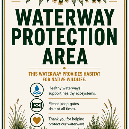 A decorative square sign with rounded corners featuring the text 'WATERWAY PROTECTION AREA' in large dark green letters on an off-white background. The sign includes illustrated green leaves and grasses at the top and bottom, plus smaller text and icons about native wildlife and waterway protection.