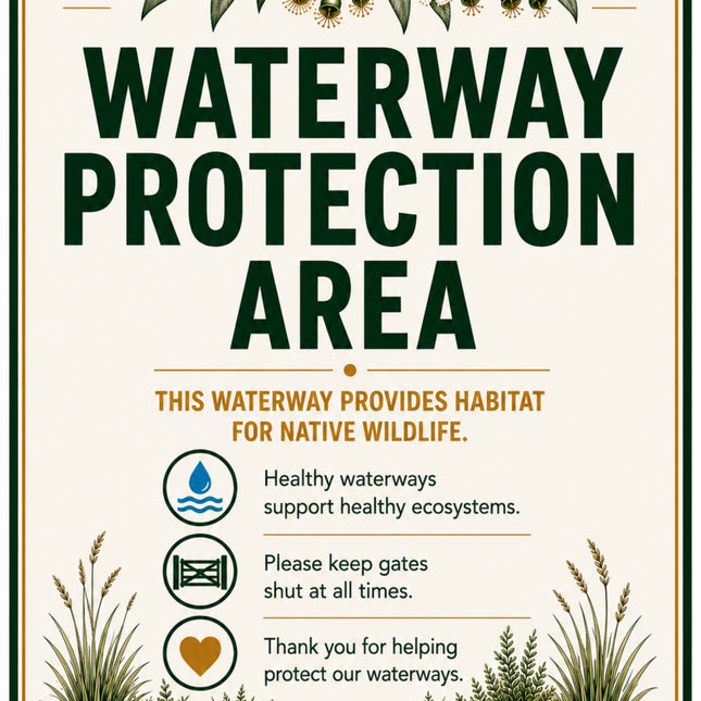 A decorative square sign with rounded corners featuring the text 'WATERWAY PROTECTION AREA' in large dark green letters on an off-white background. The sign includes illustrated green leaves and grasses at the top and bottom, plus smaller text and icons about native wildlife and waterway protection.