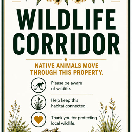 A rectangular printed sign with rounded corners and metal grommets, featuring the words “WILDLIFE CORRIDOR” in large dark green letters. The sign includes illustrated leaves, flowers, grass, a log, a turtle, and small icons with text about wildlife awareness and habitat connection.