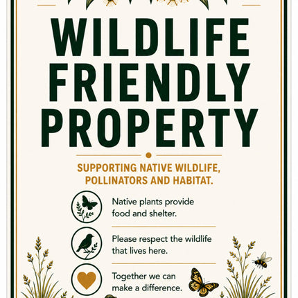 A rectangular 'Wildlife Friendly Property' sign with a cream background, dark green border, and botanical illustrations. The sign features bold dark green text and smaller brown and orange text with icons depicting a bird, a butterfly, a bee, and a leafy plant.