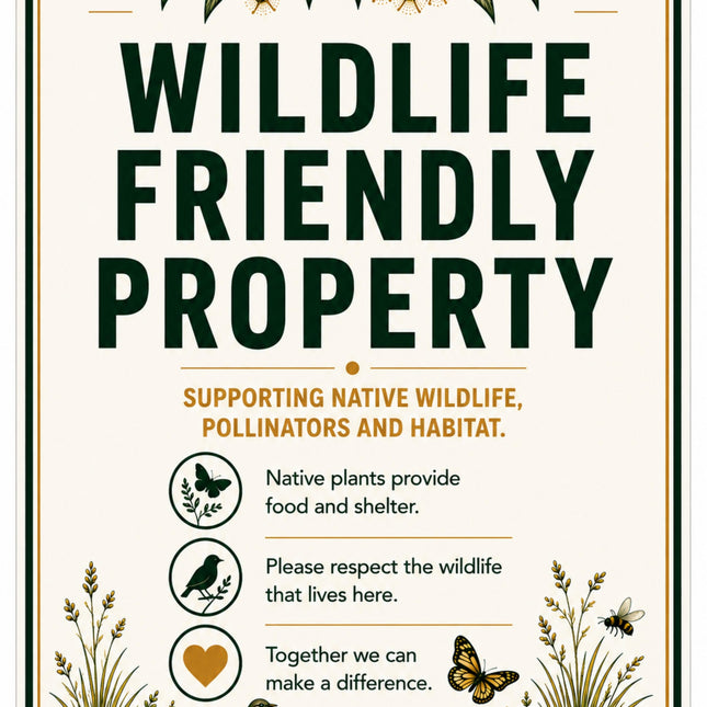 A rectangular 'Wildlife Friendly Property' sign with a cream background, dark green border, and botanical illustrations. The sign features bold dark green text and smaller brown and orange text with icons depicting a bird, a butterfly, a bee, and a leafy plant.