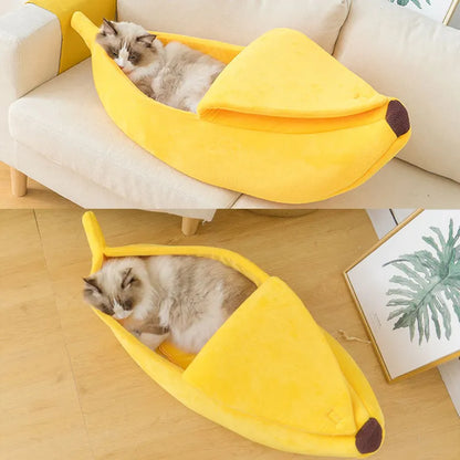 split image, two images showing a fluffy cat inside the banana shaped pet bed in a home setting. 