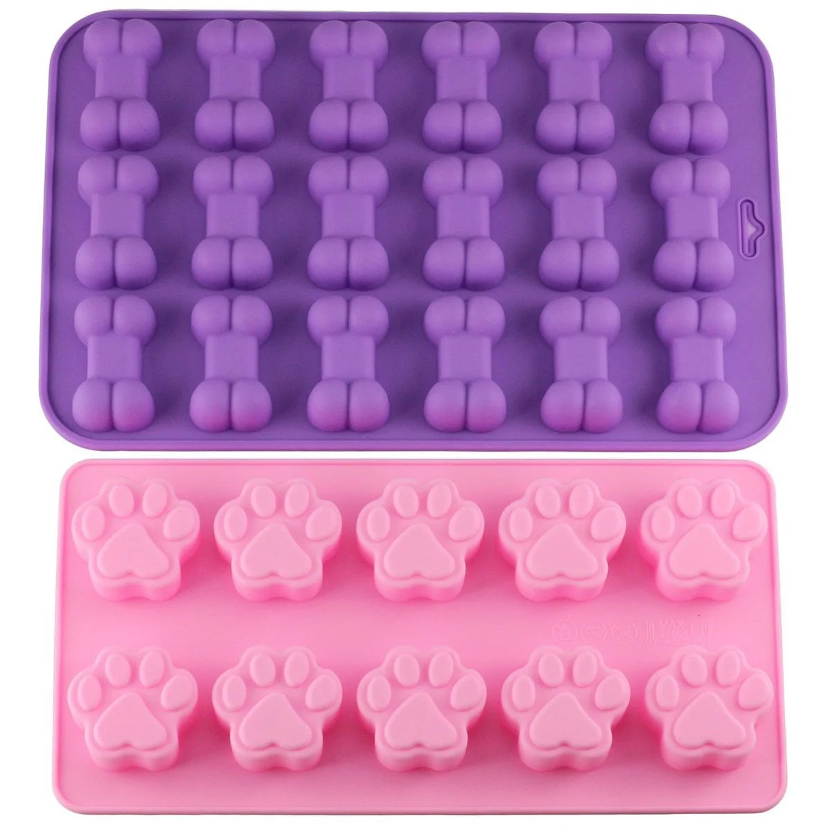 Paw and Bone Treat Molds on a white background. Bone shaped mold is purple and paw shaped mold is pink. 