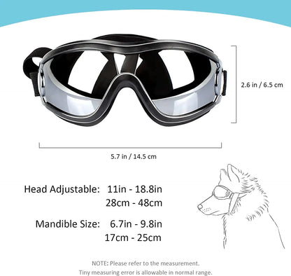 main image goggles on white background, measurements showing dimensions, sketch of a dog wearing goggles below, with measurements and dimensions printed. 