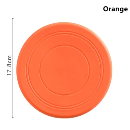 An Orange Soft Non-Slip Flying Disc on a white background. Dimensions are shown 17.8 cm diameter. 