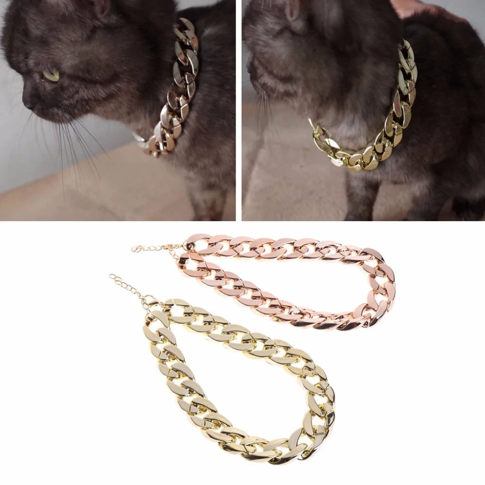 Split image, top two images show a dark grey cat wearing the Gold Rock Star Pet Chain Necklace. Image below shows the two variants, Rose Gold and Gold Gold Rock Star Pet Chain Necklaces on a white background 