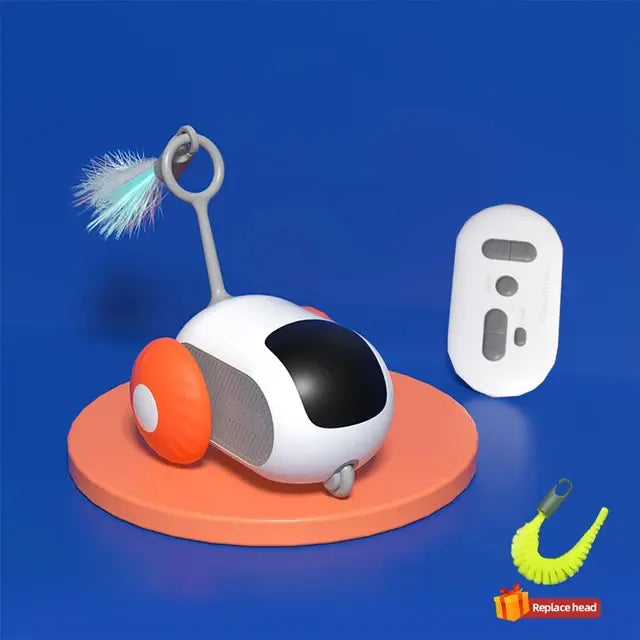 Orange Interactive Remote-Controlled Cat Toy and remote control on a blue background 