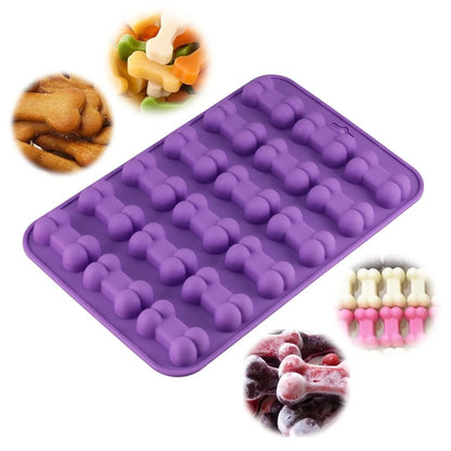 Purple Bone shaped treat mold on a white background. smaller images show close ups of bone shaped treats. 