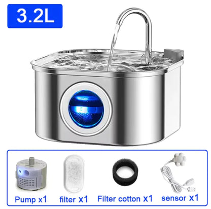 3.2L Stainless Steel Ultra-Quiet Pet Water Fountain on white background, inset shows pump, filter cartridges, sensor attachment and filter cotton. 