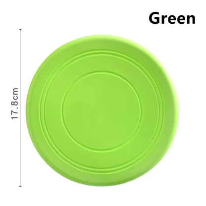 A Green Soft Non-Slip Flying Disc on a white background. Dimensions are shown 17.8 cm diameter. 