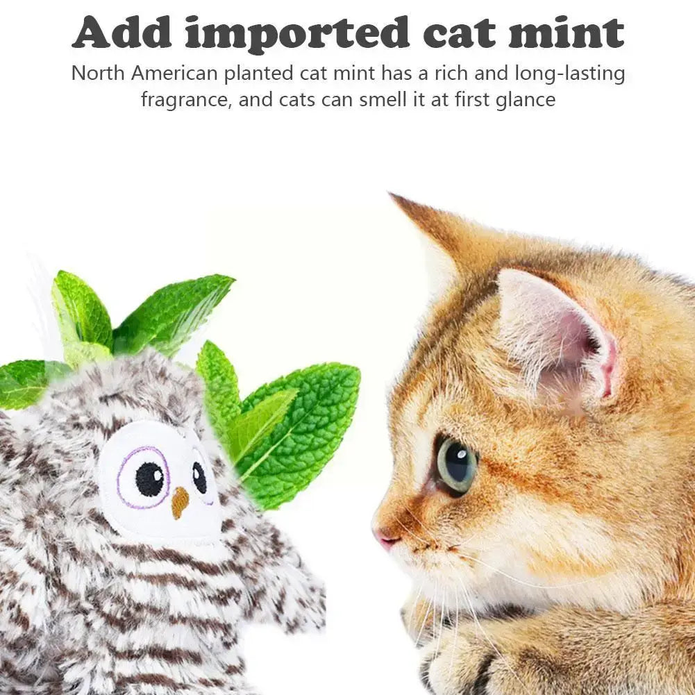 white background, ginger tabby cat close up to the owl toy, cat mint plant behind the toy, showing cat mint is used in the toy. 