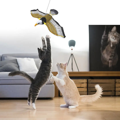 two cats interact with an Eagle design flapping cat toy in a home setting. 