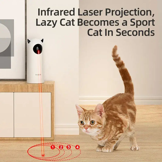 rendered image showing a laser beam pointing onto the floor next to a kitten, in a home situation