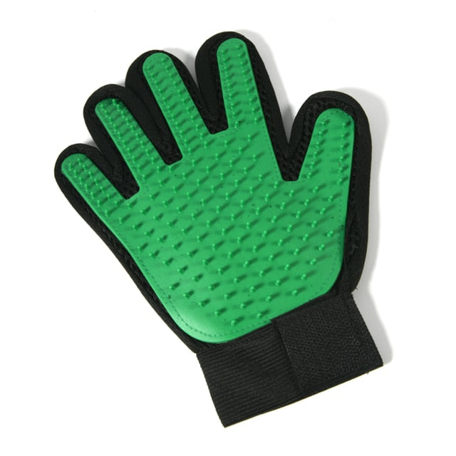 palm view of green grooming glove, white background.