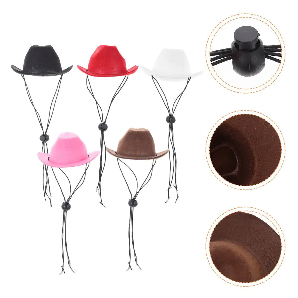 Five different colored pet cowboy hats on a white background, smaller images show fastener and felt material. 