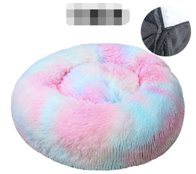 pastel rainbow colored donut bed on white background, inset shows zip close up. 