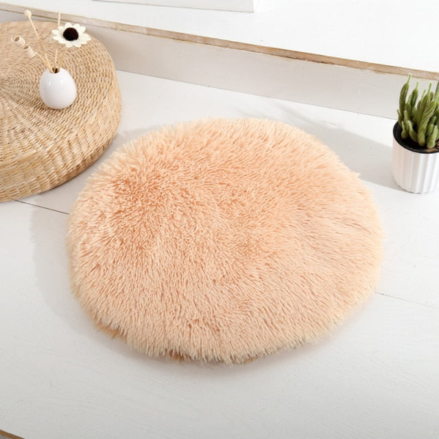 apricot colored pet bed in home setting. 