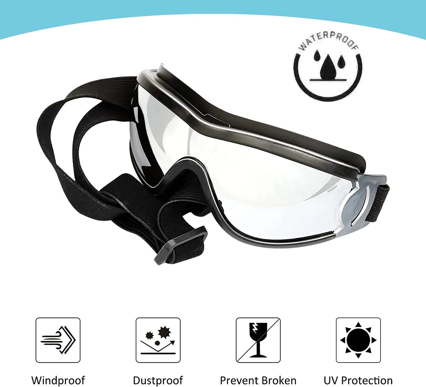 rendered image of the goggles on a white background, inserts show symbols indicating the features - waterproof, windproof, unbreakable, UV Protection. 