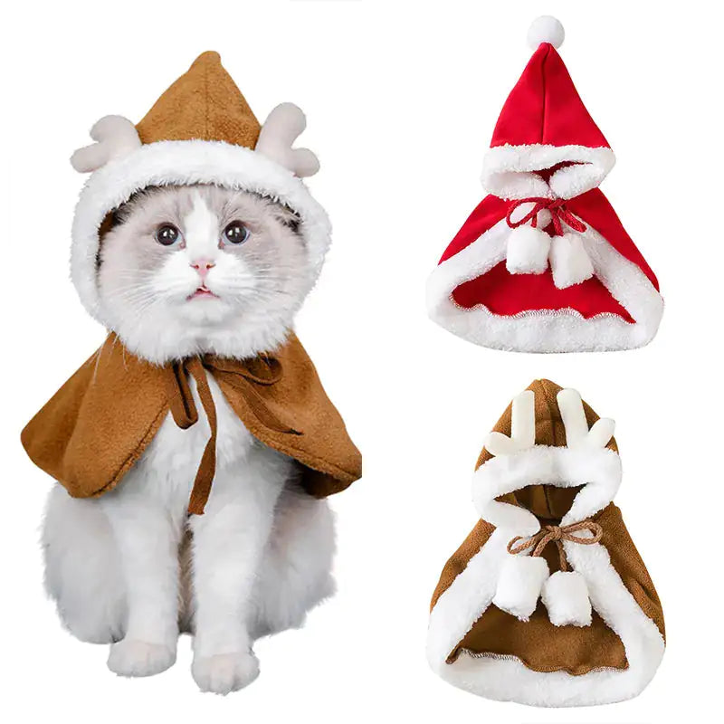 white background - a cat wears the brown Festive Paws Holiday Cape, plus two images of the red and brown cape. 