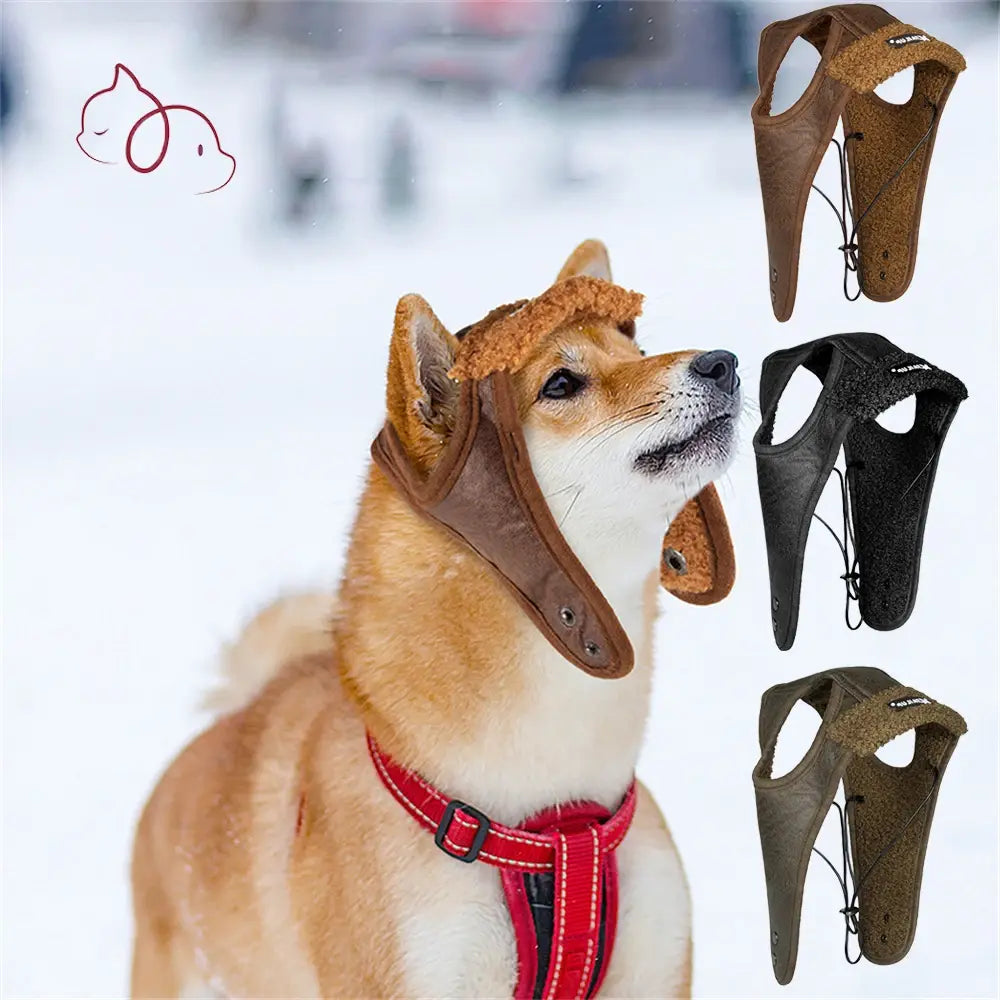 dog wearing a brown winter hat in an outdoor setting, the three color varieties are shown in inserts. 