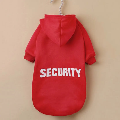 red SECURITY pet hoodie on a cream background 