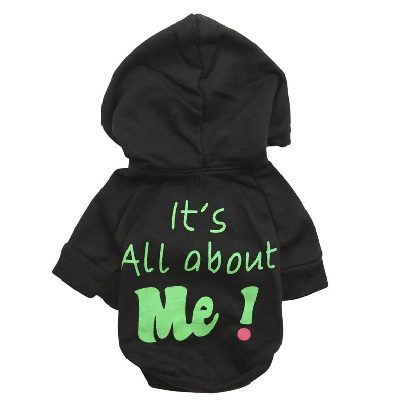 Black 'It's all about me!' Stylish Pet Hoodie on a white background 