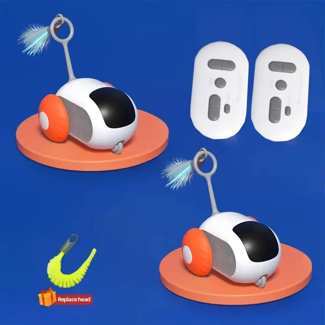 Two Orange Interactive Remote-Controlled Cat Toys with two remote controls on a blue background 