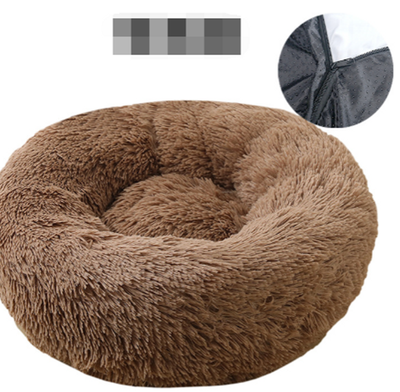 white background, brown donut bed, inset shows close up of zip, to take the cover off.