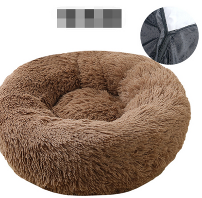 white background, brown donut bed, inset shows close up of zip, to take the cover off.