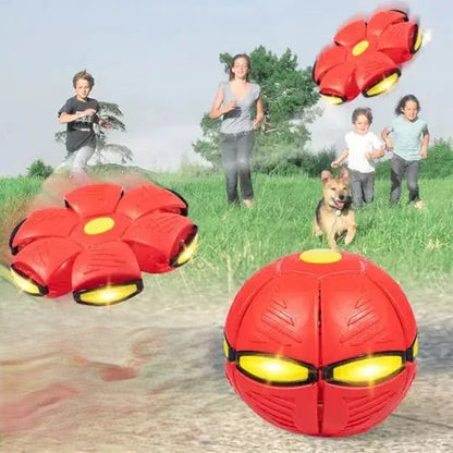 a family and dog chase a red flying saucer ball in an outdoor setting. Directional blurs show flying action of the toy. 