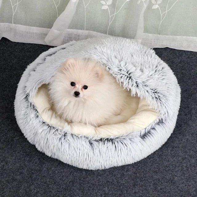 white Pomeranian sits inside a grey snuggle bed in a home setting