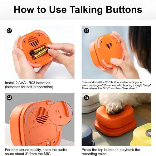 four images of a Speak & Play Dog Communicator showing 1. installation of AAA batteries, 2 & 3 show the MIC and recording button and 4. close up shot of a shite dog paw pressing a button. 