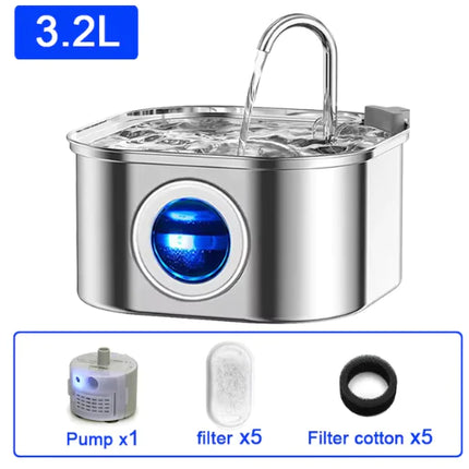 3.2L Stainless Steel Ultra-Quiet Pet Water Fountain on white background, inset shows pump, filter cartridges and filter cotton. 