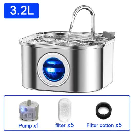 3.2L Stainless Steel Ultra-Quiet Pet Water Fountain on white background, inset shows pump, filter cartridges and filter cotton. 